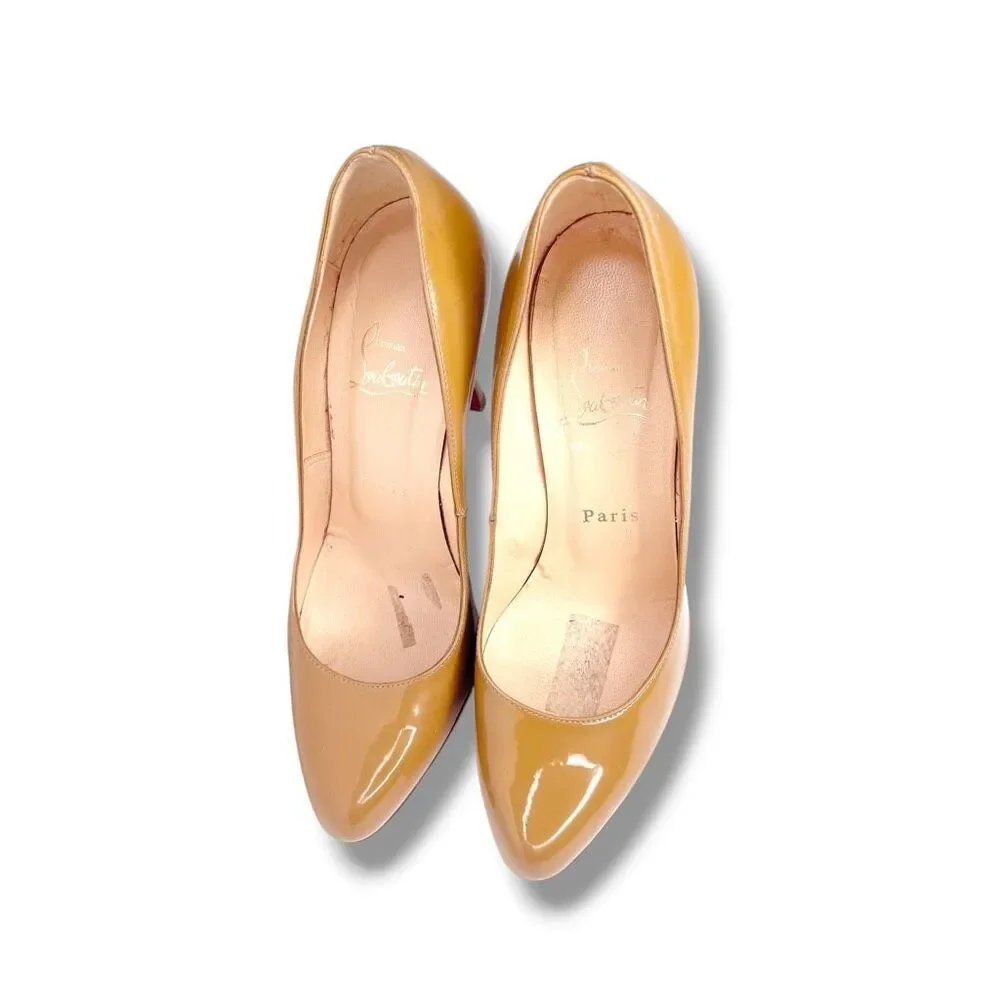 Christian Louboutin Beige Nude Patent Leather Heel Classic Round Toe Pumps 37.5